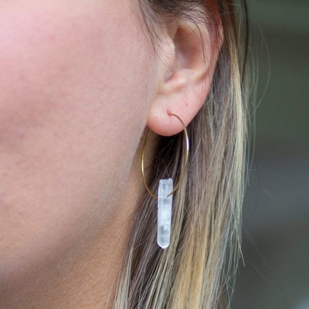 Raw Clear Quartz Crystal Gold Hoop Earrings - Picture 4 of 5